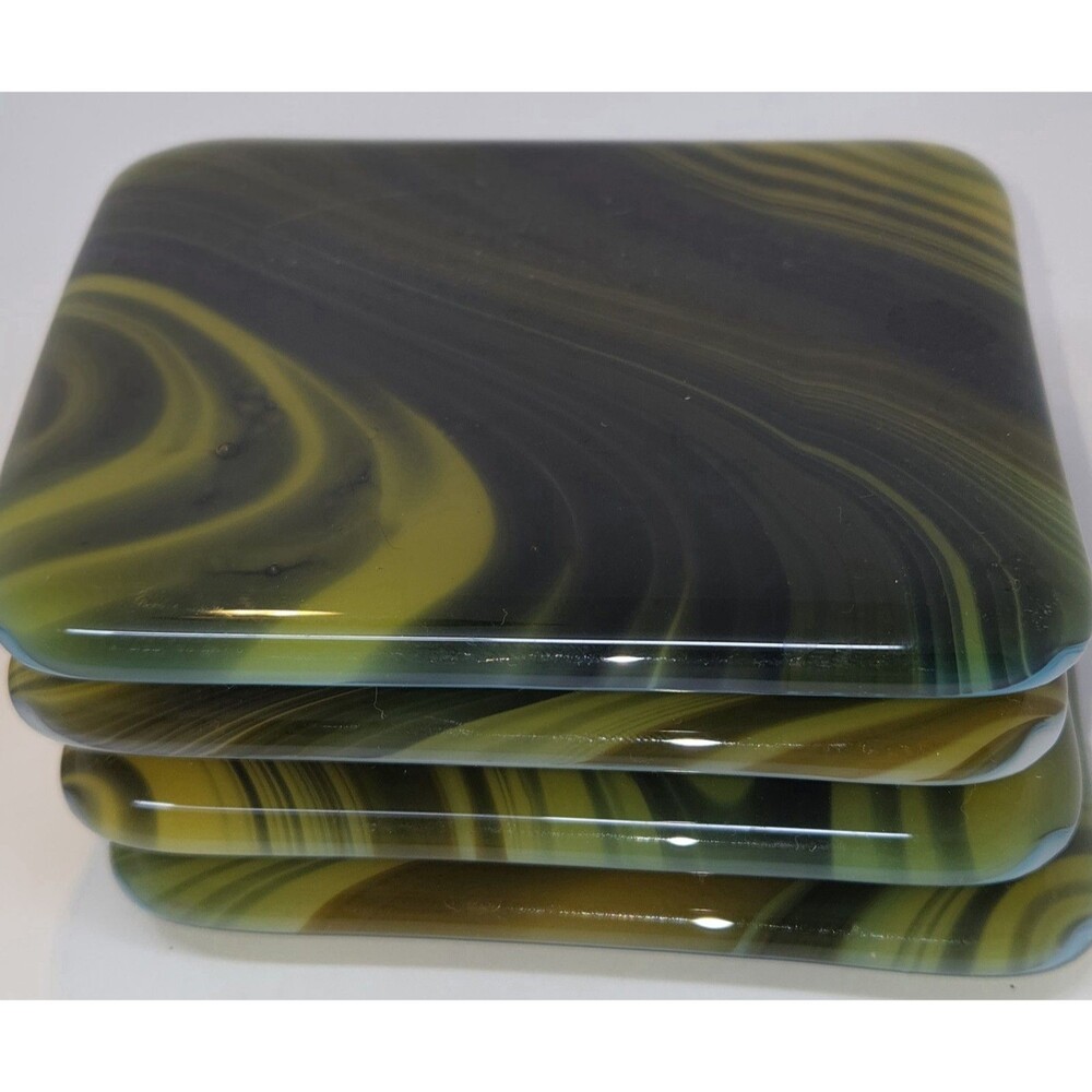Handmade Fused Art Glass Coasters Set 4 Green Gold Tiger Eye Swirl 4x4 Square